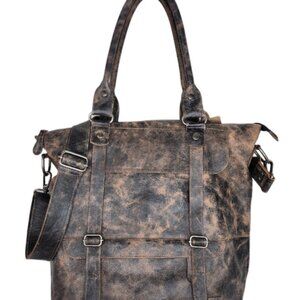 AMAZING~ Bed Stu Big Fork Distressed Leather Tote Bag Black Brown